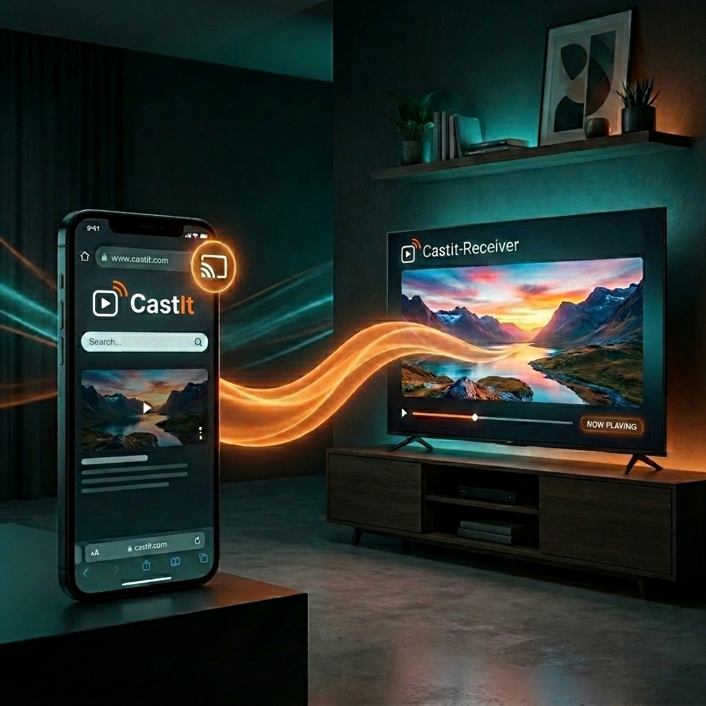 CastIt phone app casting a web video to CastIt - Receiver on a Smart TV